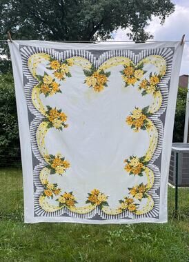 Vintage Yellow and Orange Floral Tablecloth with Swag Fringe Pattern